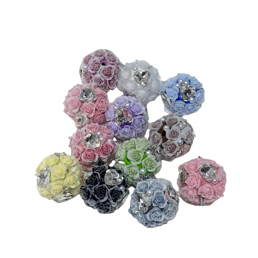 Wholesale  10pcs/pack Luminous four-sided love zircon rose ball can wear straight hole beads DIY mobile phone chain key chain bag chain accessories